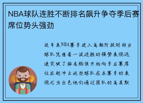 NBA球队连胜不断排名飙升争夺季后赛席位势头强劲