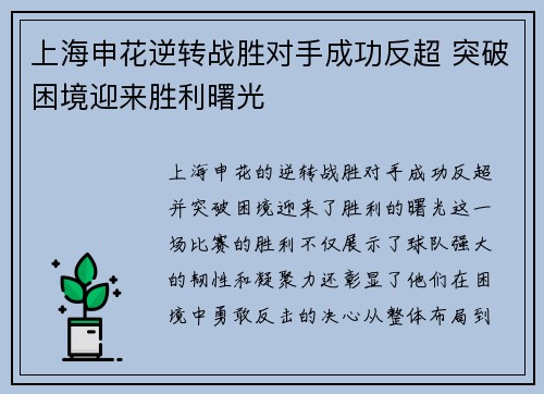 上海申花逆转战胜对手成功反超 突破困境迎来胜利曙光