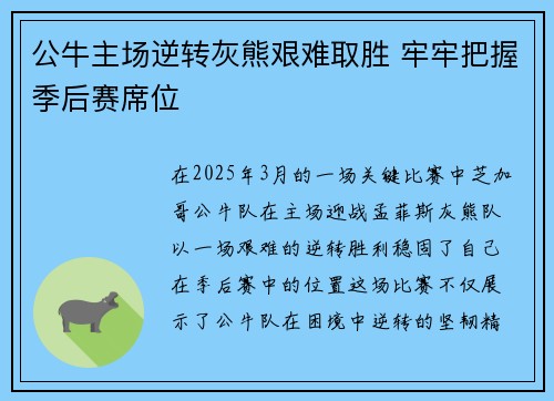 公牛主场逆转灰熊艰难取胜 牢牢把握季后赛席位