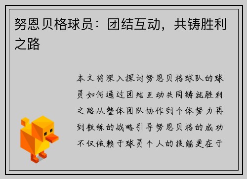 努恩贝格球员：团结互动，共铸胜利之路