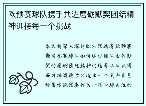 欧预赛球队携手共进磨砺默契团结精神迎接每一个挑战