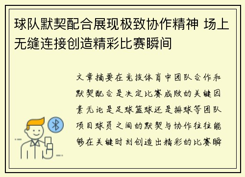球队默契配合展现极致协作精神 场上无缝连接创造精彩比赛瞬间