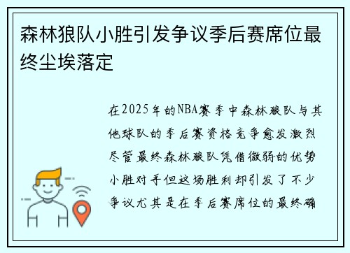 森林狼队小胜引发争议季后赛席位最终尘埃落定